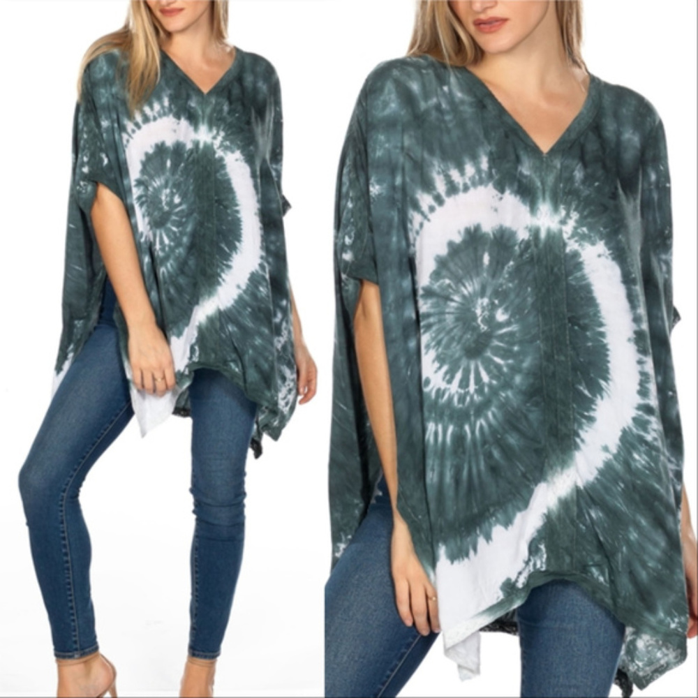 BOHO TEAL TIE-DYE PONCHO TUNIC TOP - Picture 1 of 4